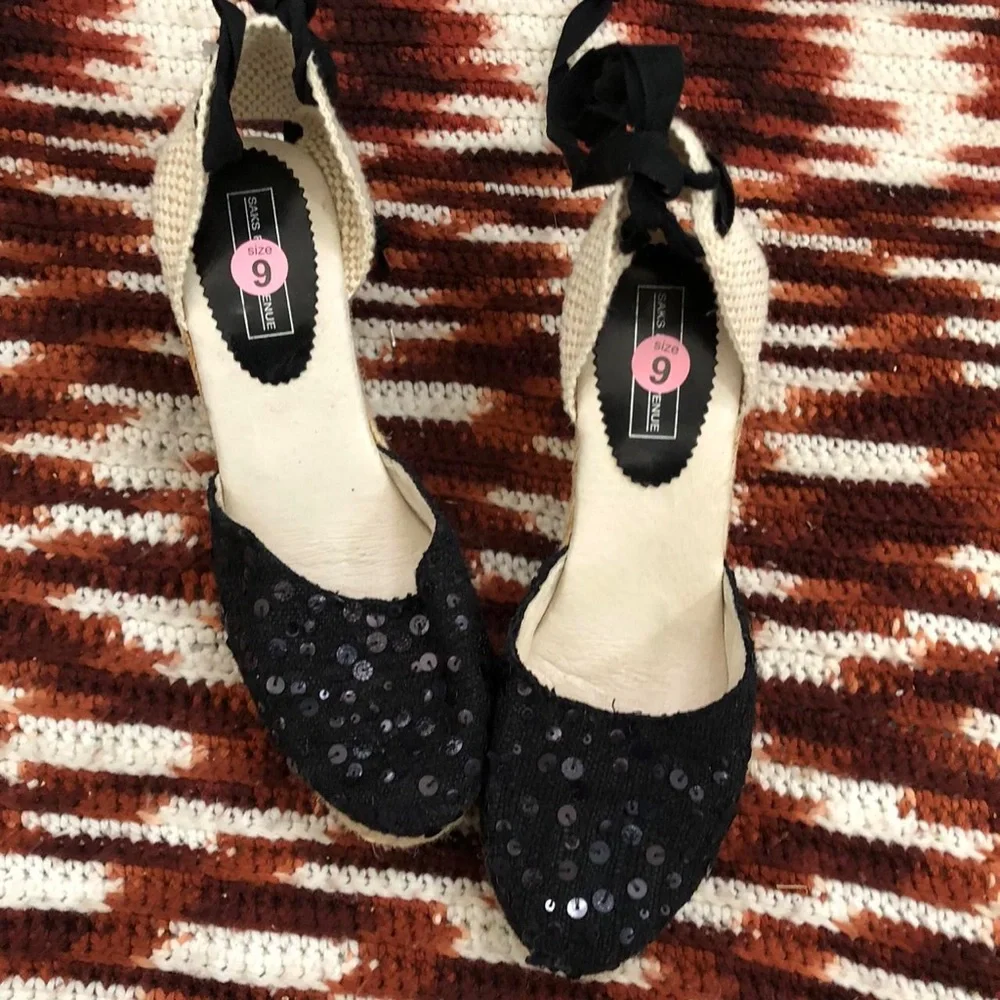 Saks Black Fabric Sequin Ankle Lace Up Tie Wedge Heels Espadrilles Sandals Pumps